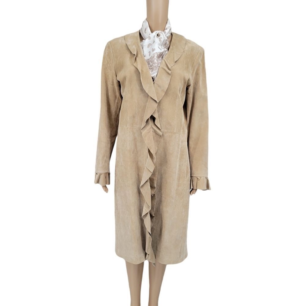 Boston Proper 90s Y2k Tan Suede Leather Trench Long Duster Jacket Boho Western